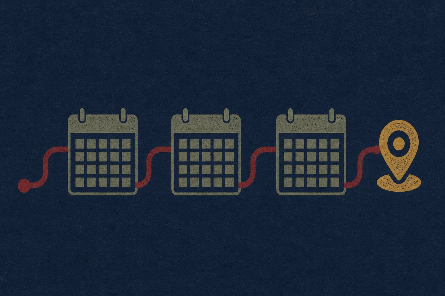 Three sage calendar symbols connected by an oxblood route to an aged-gold destination marker on navy paper