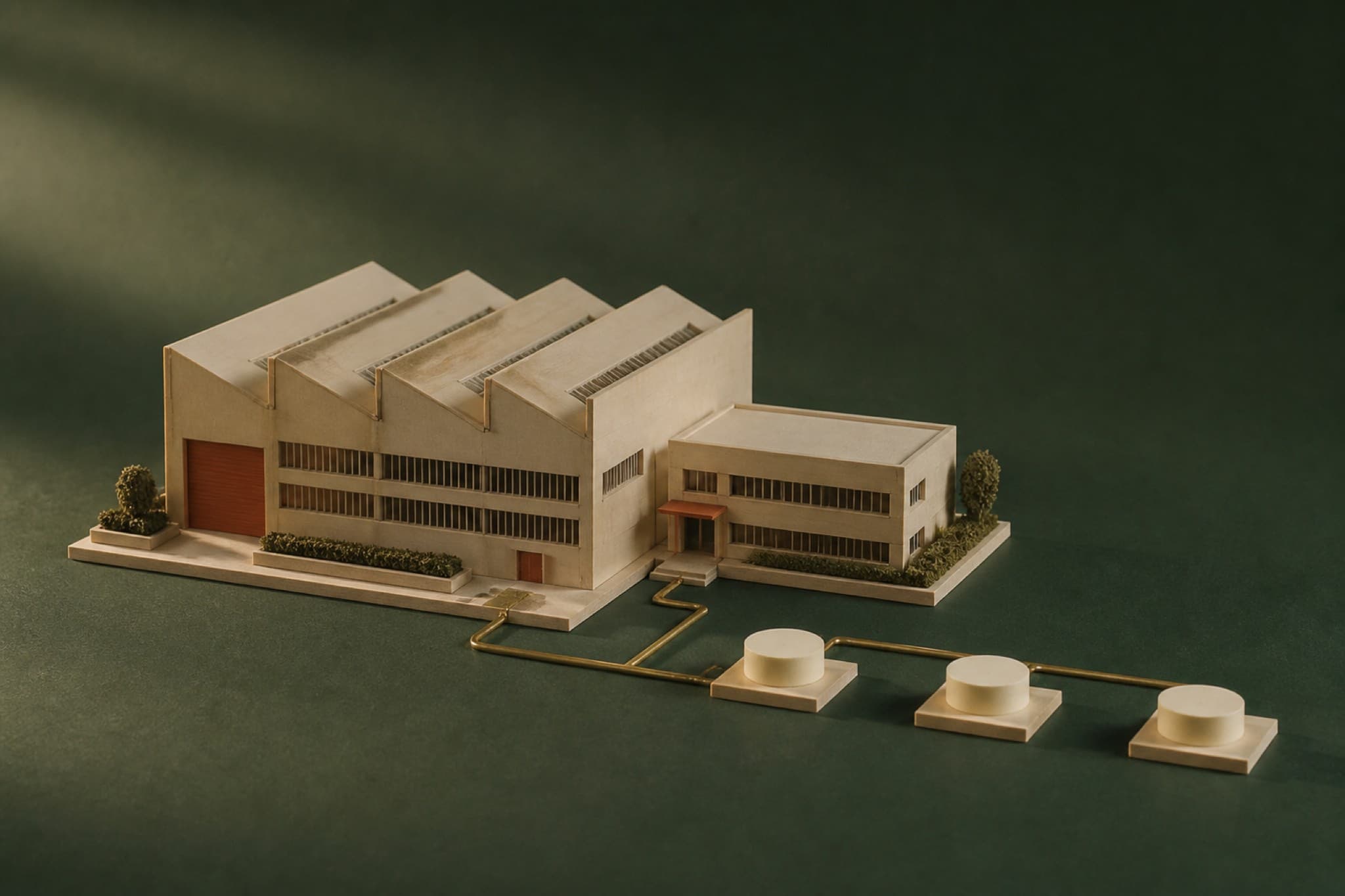 A pale wooden factory and administration model linked by a brass path to three reporting stations