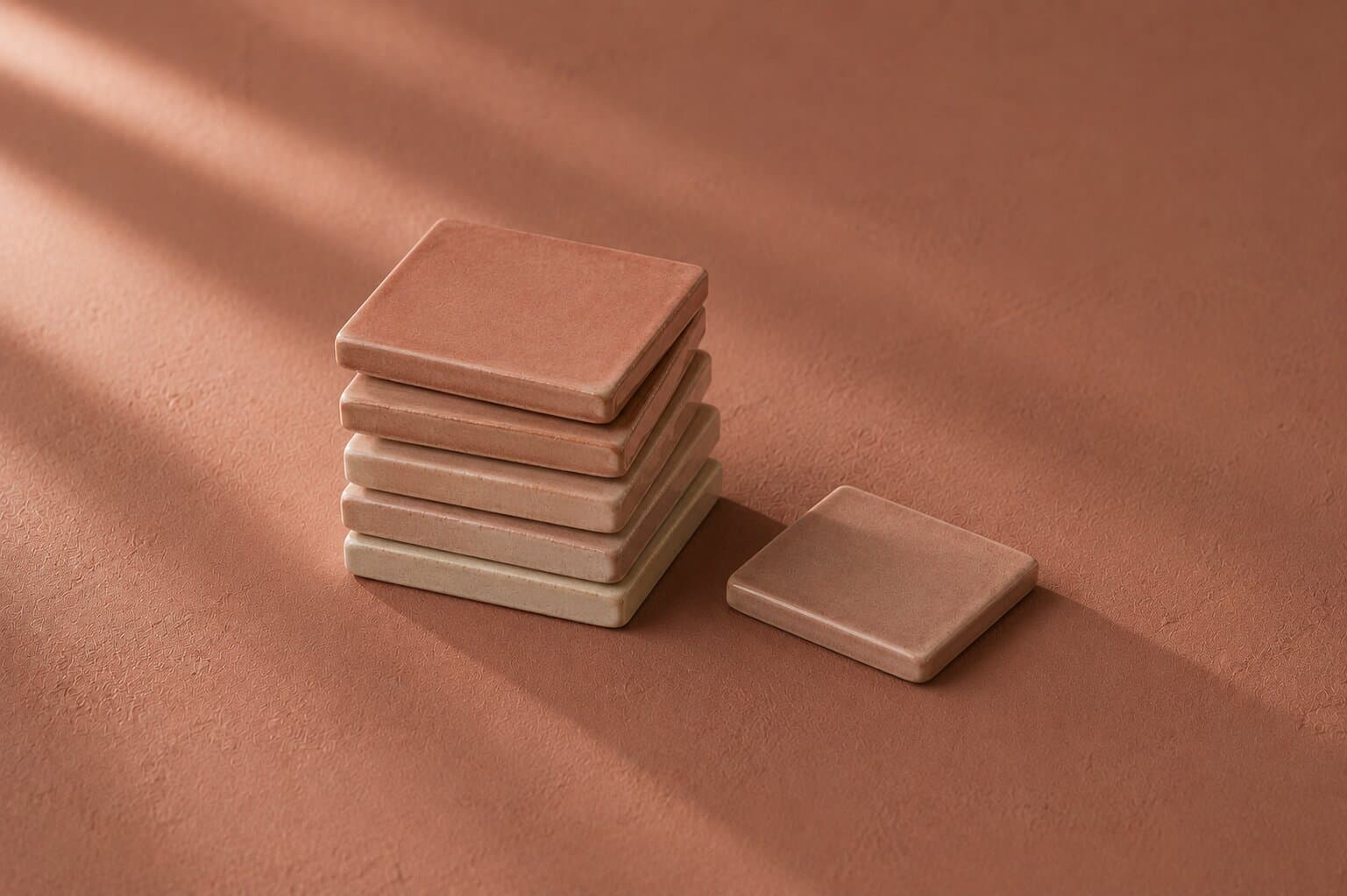 A graduated stack of small glazed ceramic tiles with one tile set apart on a blush terracotta surface