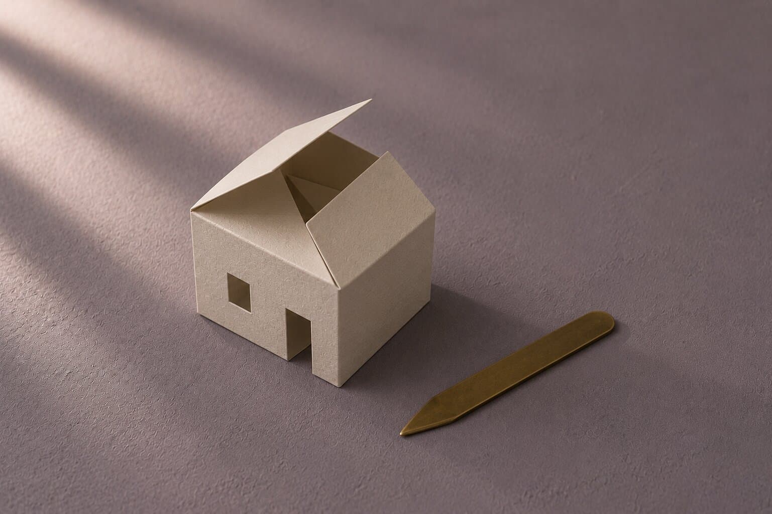 A partly folded cream paper house with one roof flap open beside a brass folding tool on a muted grey-lilac surface
