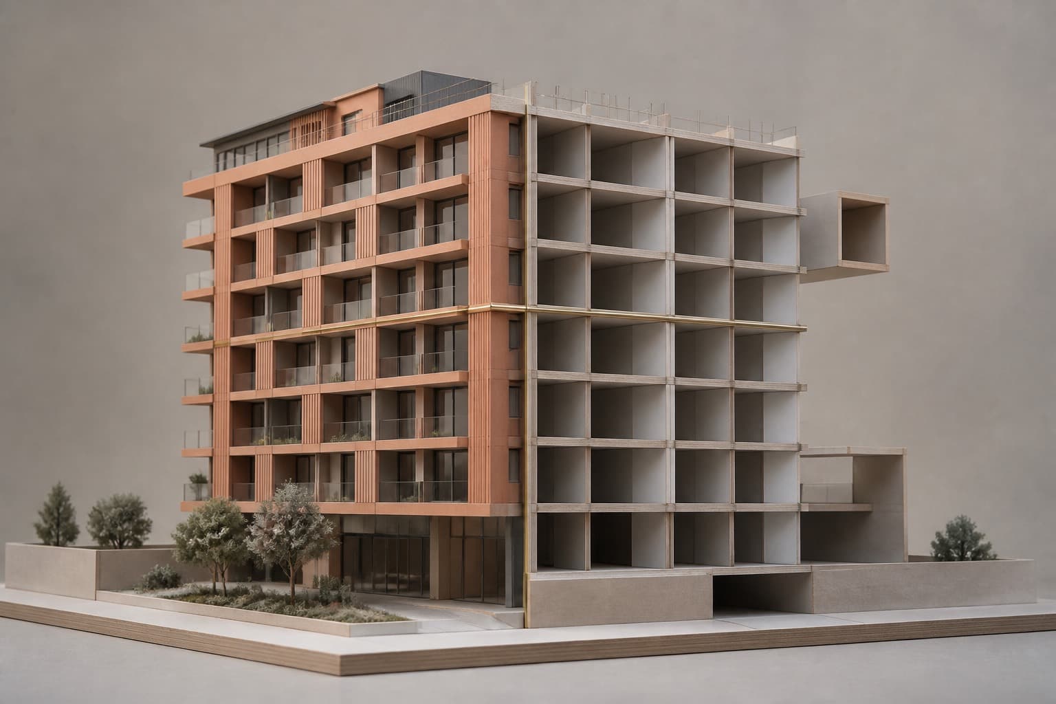A sectional condominium model with a finished terracotta facade beside exposed unfinished floorplates