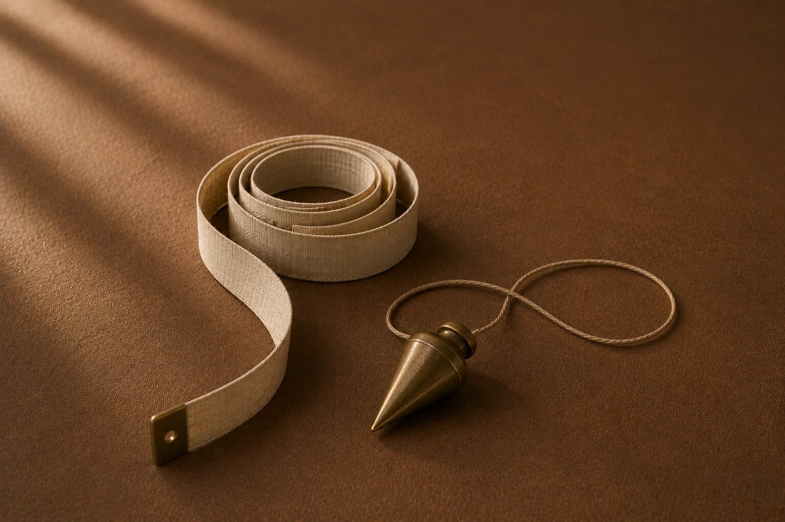 A coiled cream linen measuring tape beside a small brass plumb bob on a deep umber surface