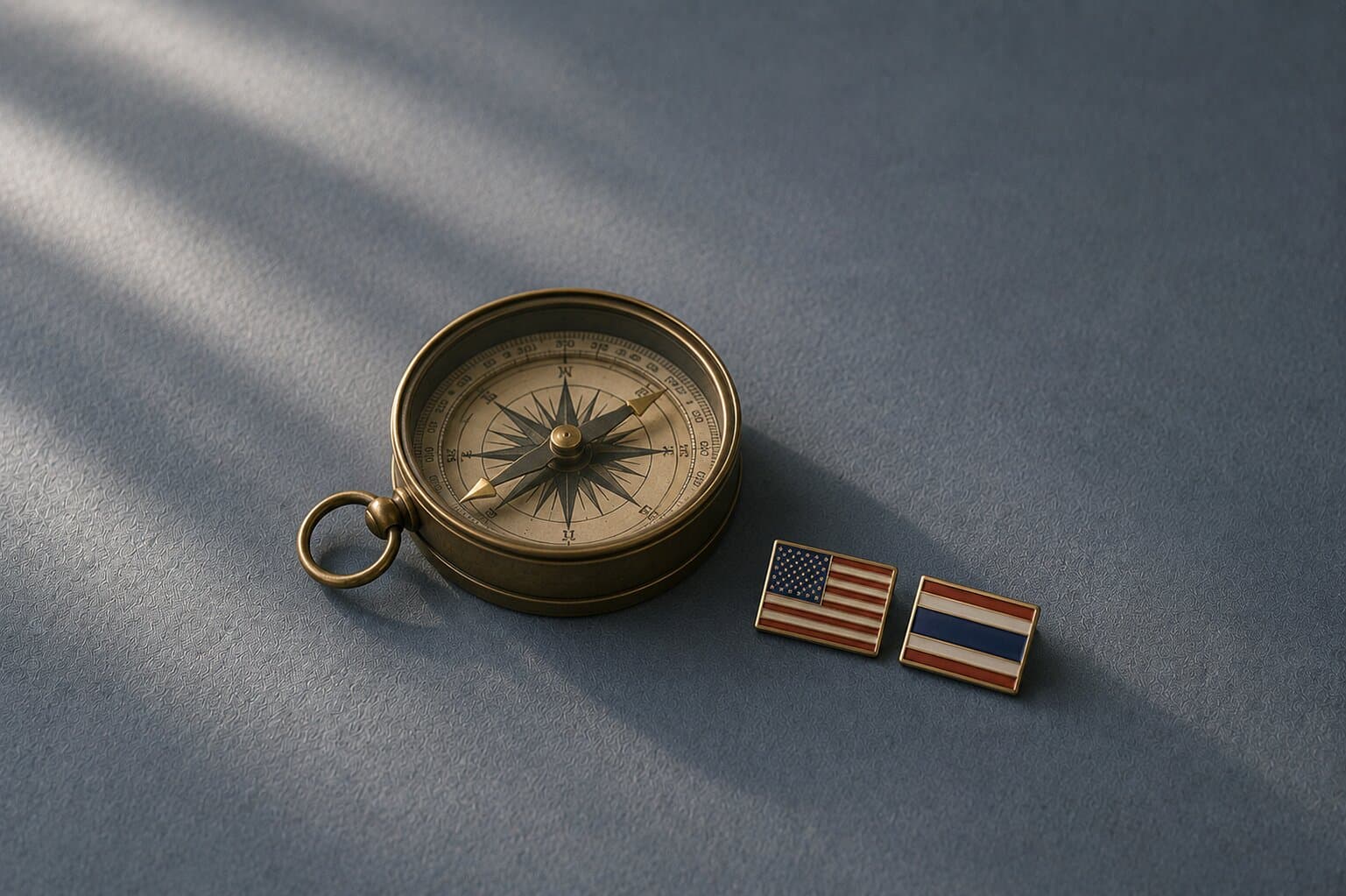 A vintage brass compass beside small United States and Thai flag pins on a muted indigo surface