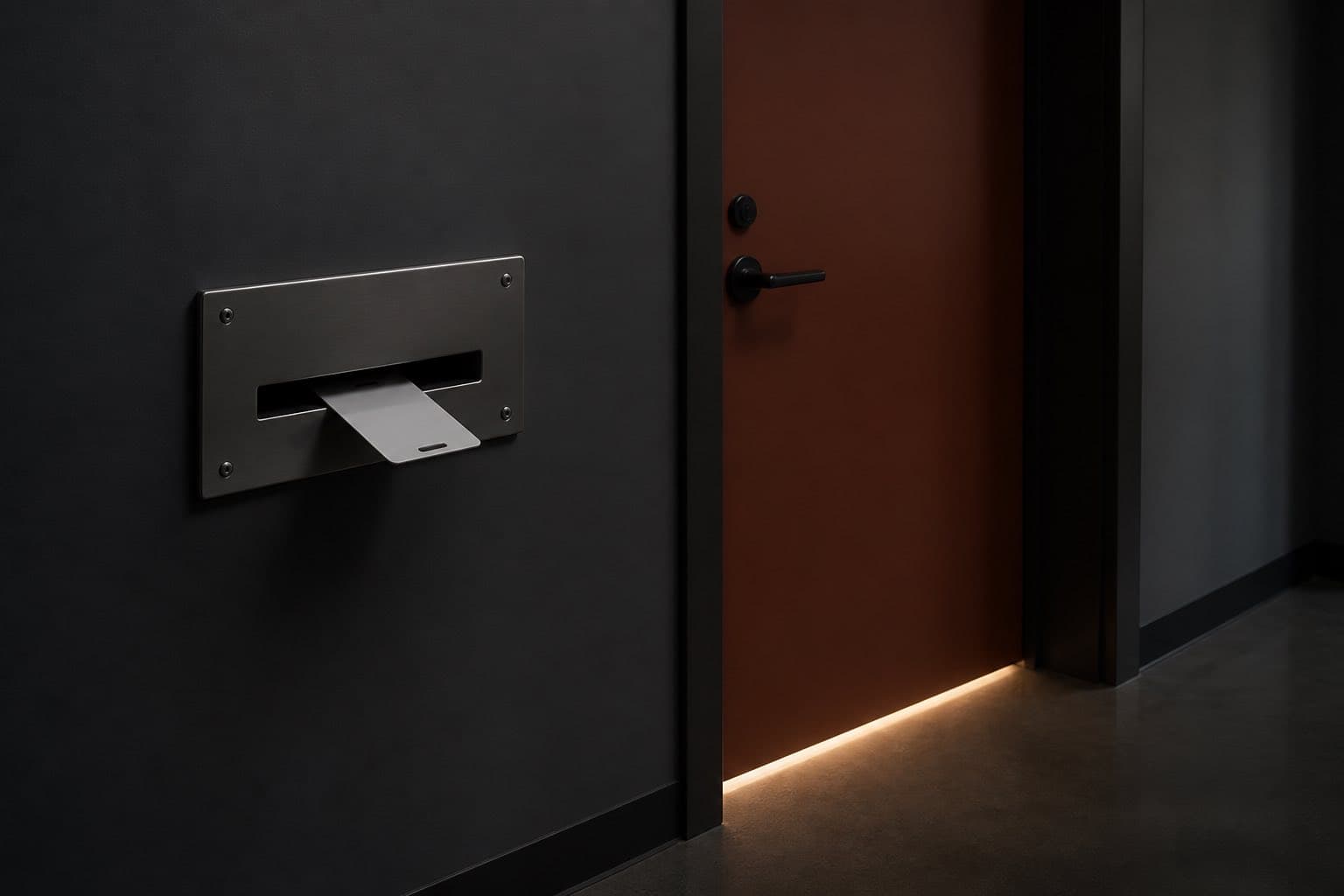 A blank workplace badge inserted into a wall return slot beside a closed terracotta office door