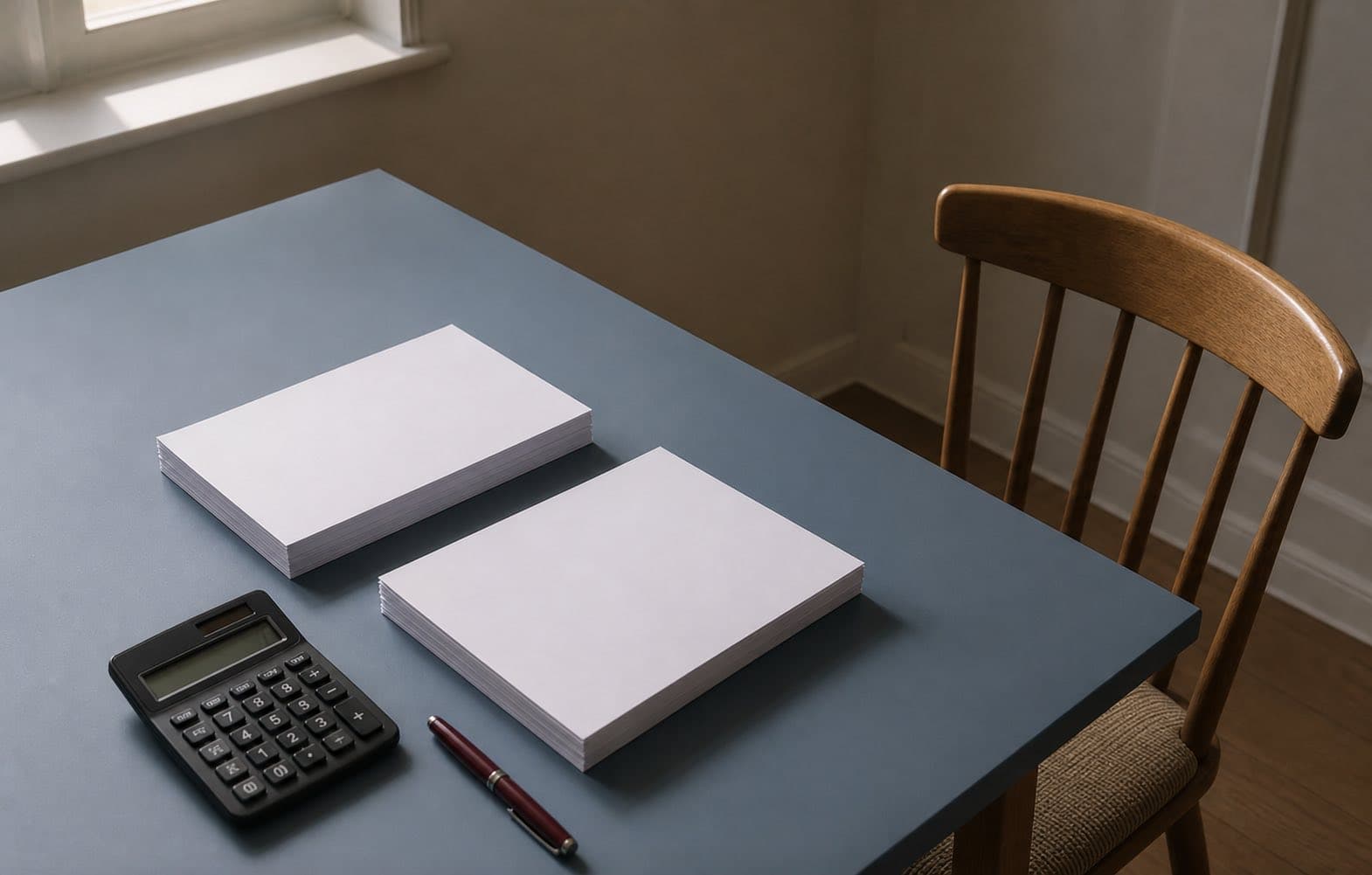 Two neat stacks of blank tax papers beside a black calculator and oxblood pen on a muted-blue table
