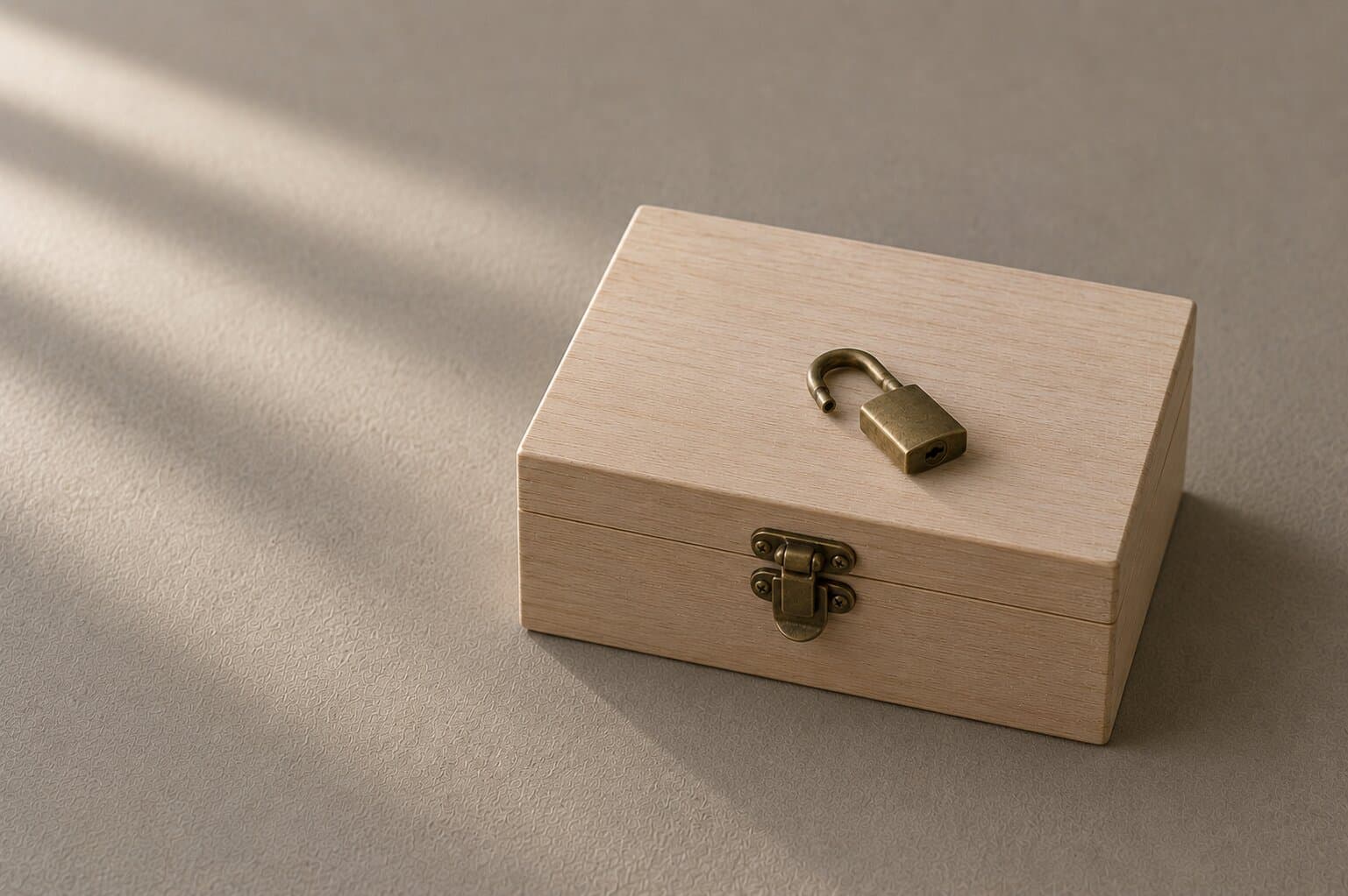 An open brass padlock resting on a closed pale wooden box with a brass latch on a warm grey surface