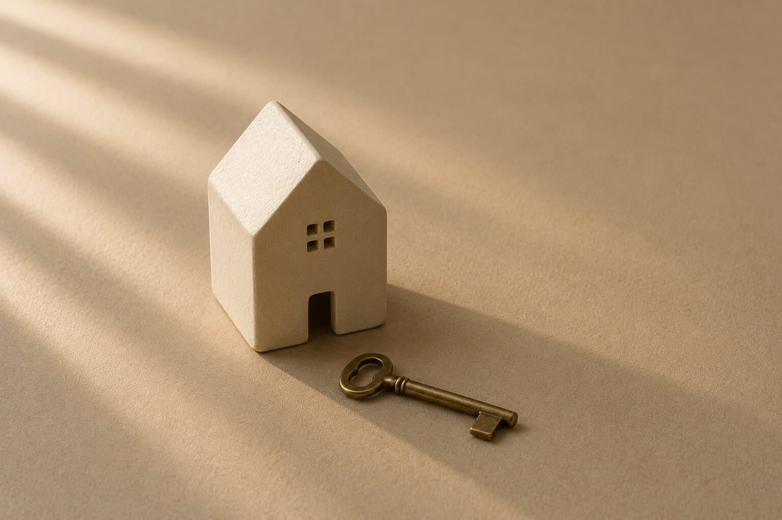 A small cream ceramic house with a brass key resting in front of it on a warm sienna-clay surface