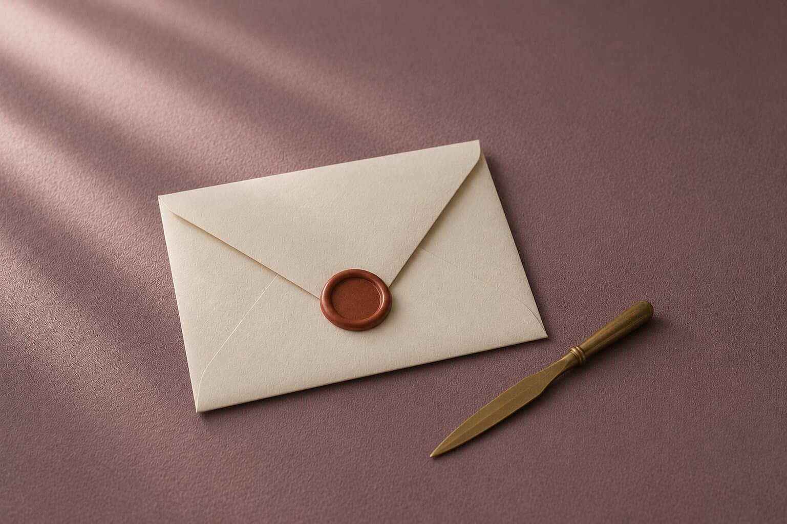 A cream envelope sealed with terracotta wax beside a brass paper knife on a muted mauve surface