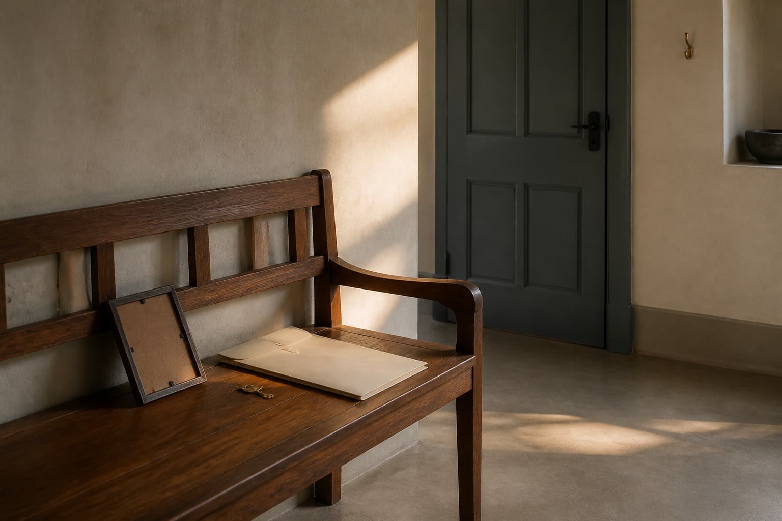 A house key, sealed cream folder, and face-down empty frame on a teak bench beside a closed doorway