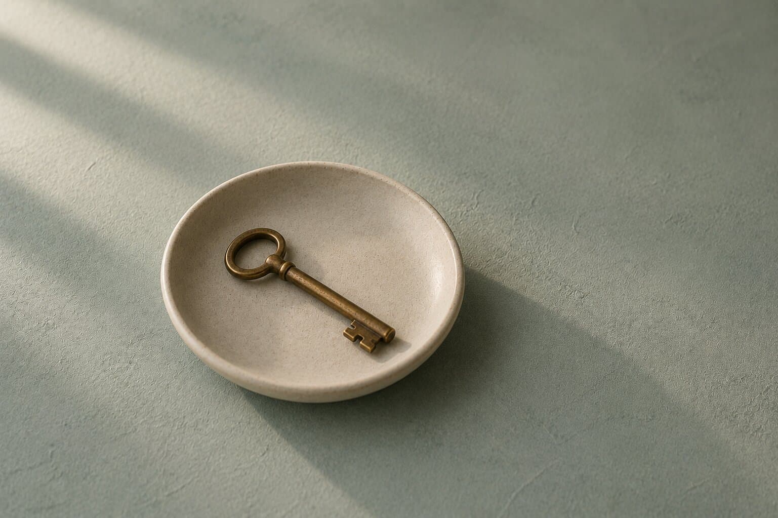 An aged-brass door key resting on a small pale stoneware dish on a muted celadon surface in soft daylight