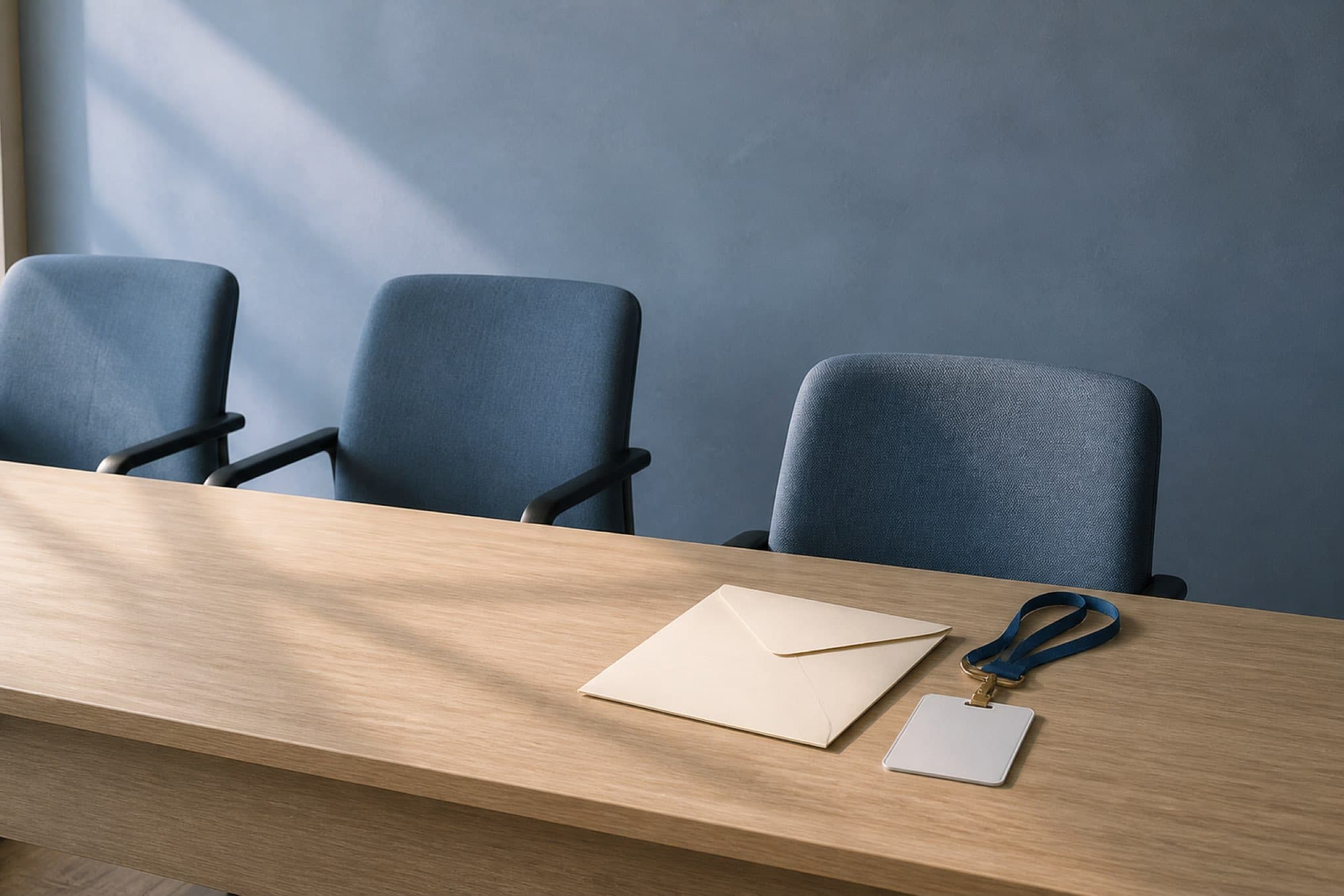 Three empty blue office chairs beside a blank welcome envelope and ID badge on a pale wooden table