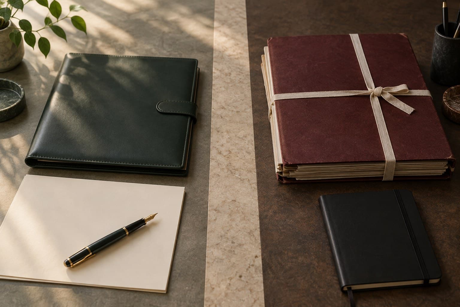 A green advisory folio and an oxblood litigation brief on opposite sides of a stone divider