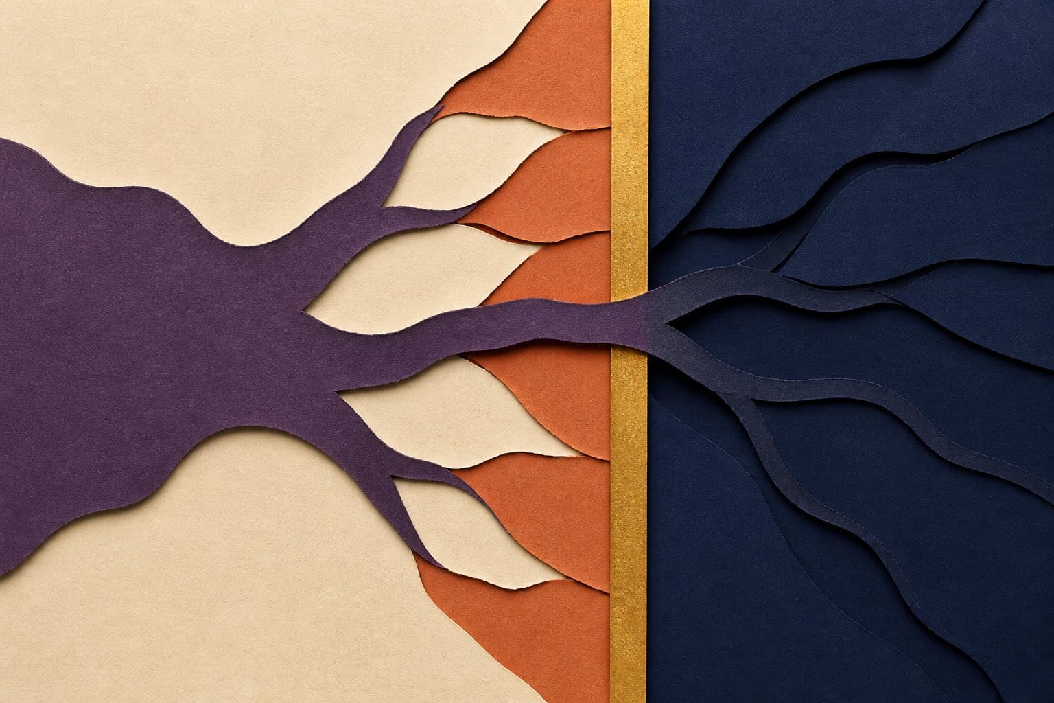 Layered aubergine, cream, terracotta, and navy paper branches crossing a gold threshold