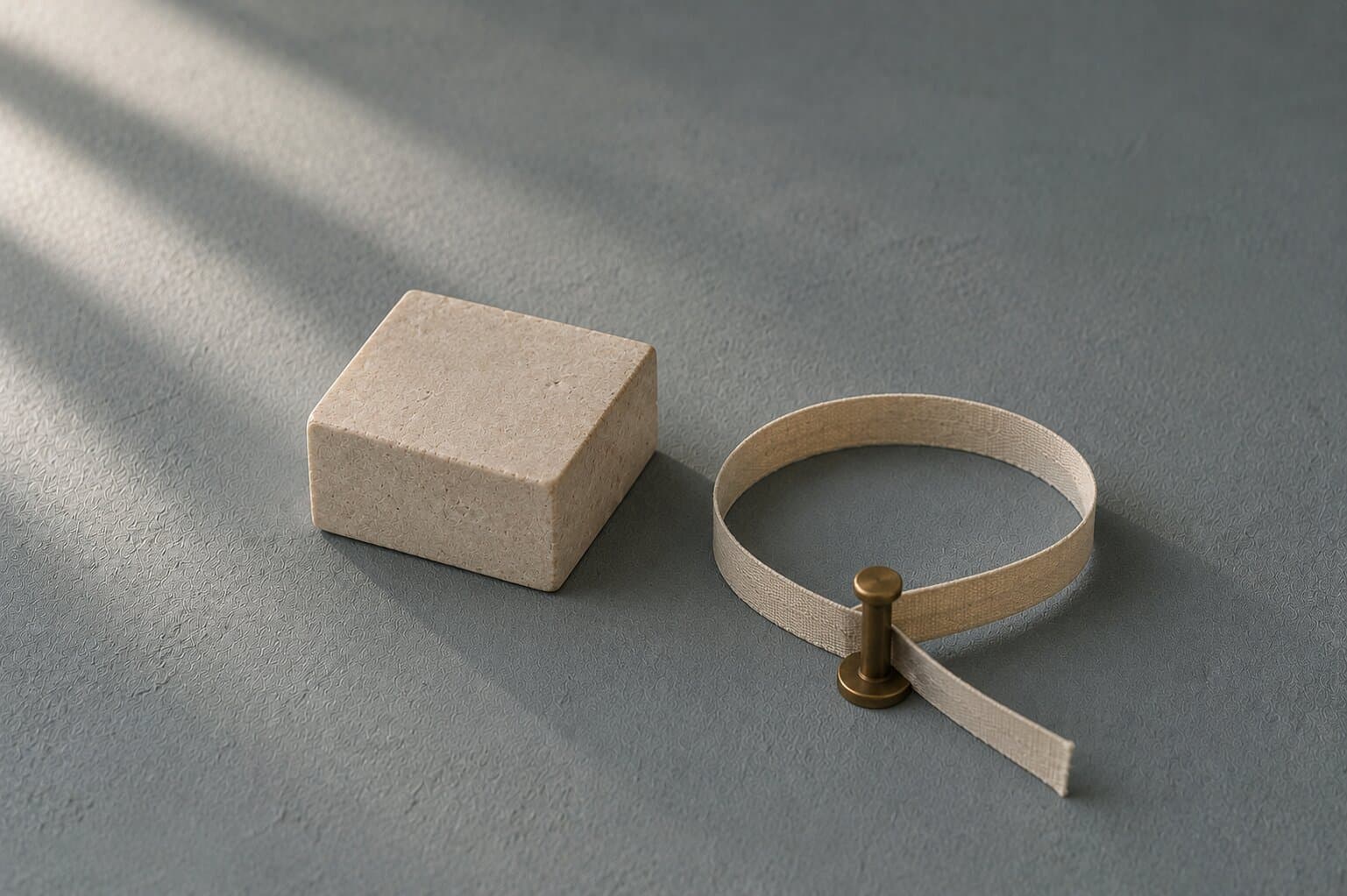 A pale stone block beside a looped linen ribbon held by a brass peg on a muted blue-grey surface