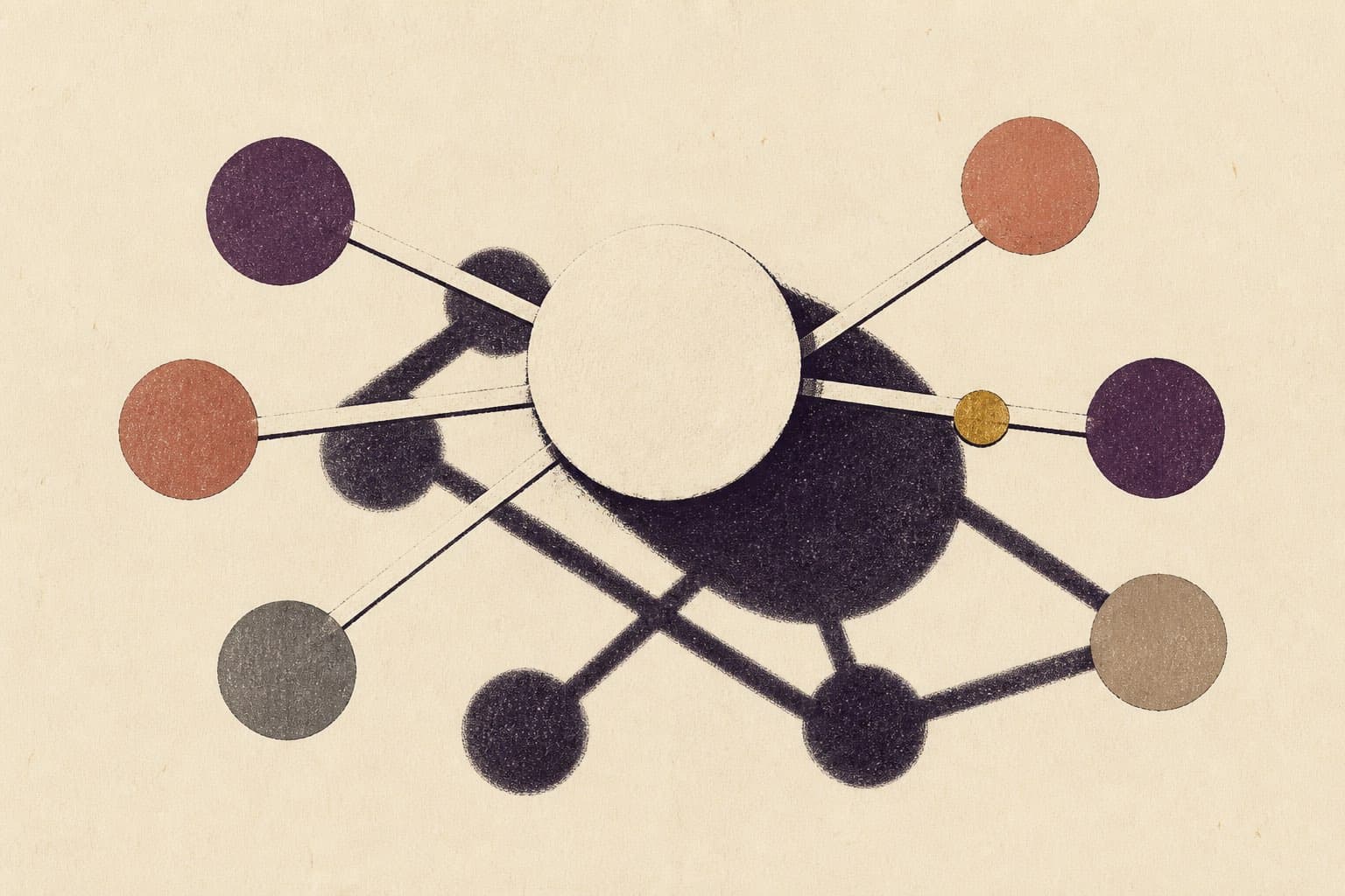 A pale screen-printed node casting a larger dark proxy network behind connected colored nodes