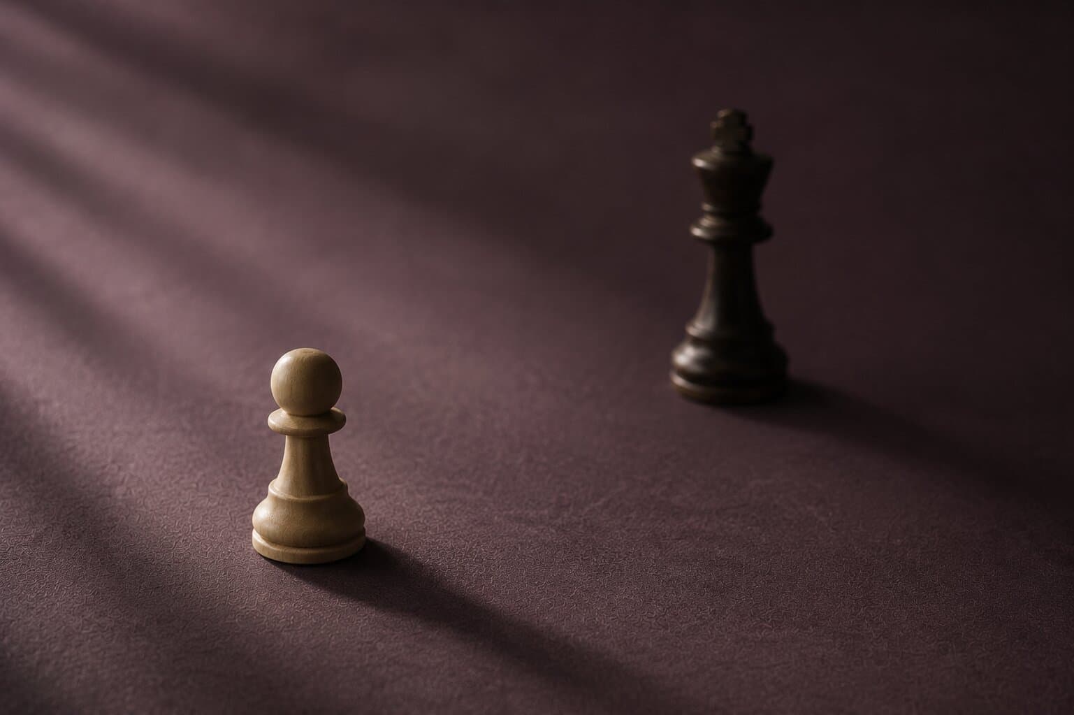 A pale chess pawn lit in front of a dark king receding into shadow on a deep aubergine surface