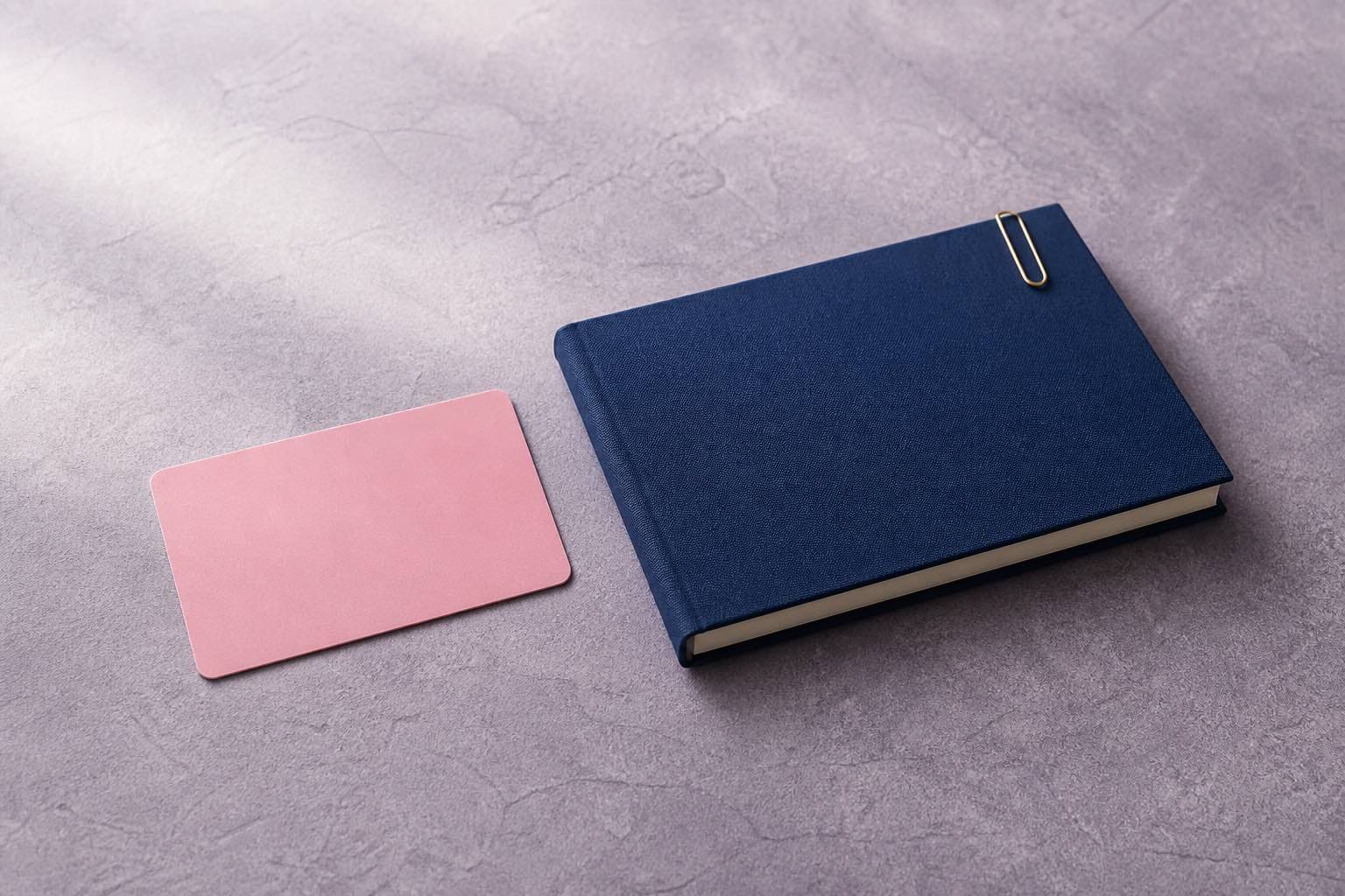 A blank pink identity card beside a closed blue registration booklet and brass paperclip