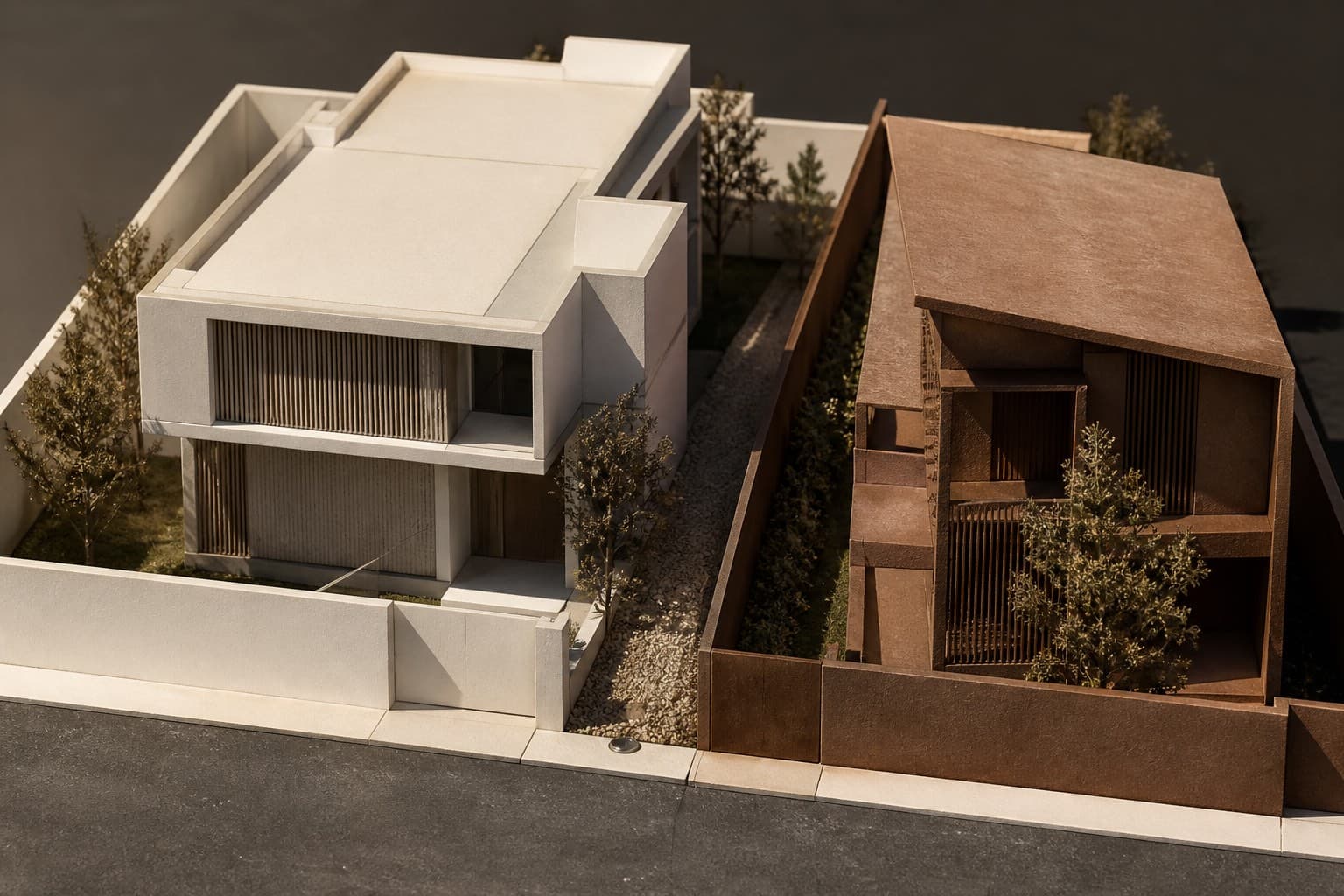 Two contrasting architectural house models separated by a narrow misaligned boundary and brass survey marker