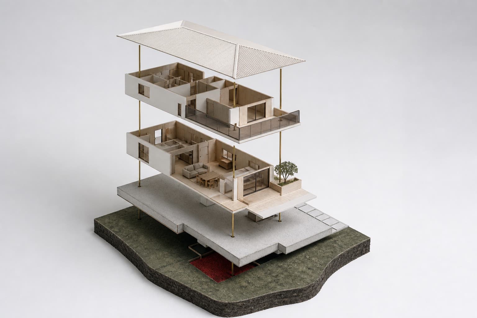 An exploded architectural house model revealing its roof, floors, foundation, land layer, and a concealed red defect