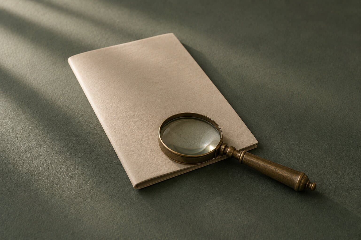 A brass magnifying loupe resting on a folded cream document on a deep eucalyptus surface