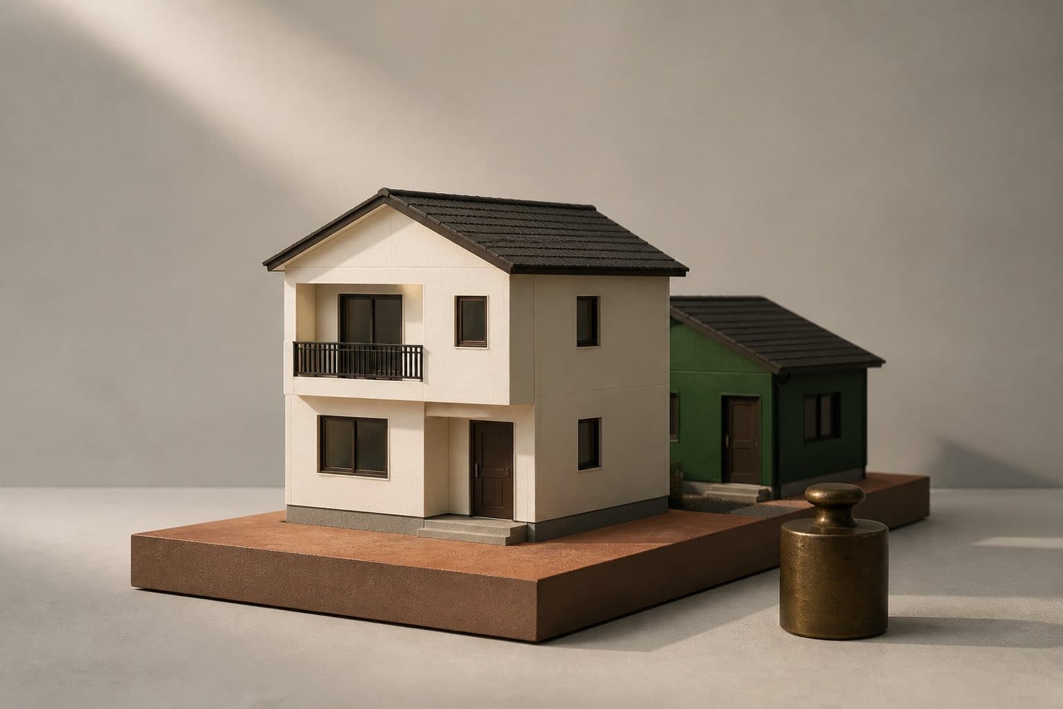 Cream and forest-green property models on terracotta parcels beside a brass assessment weight
