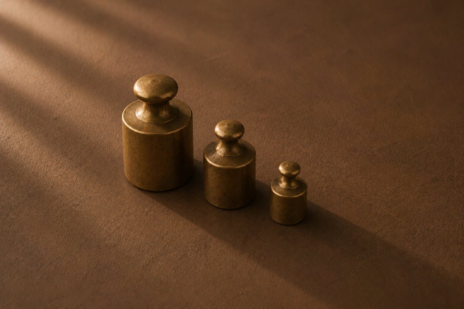 Three graduated round brass balance weights in a diagonal row on a warm bronze surface