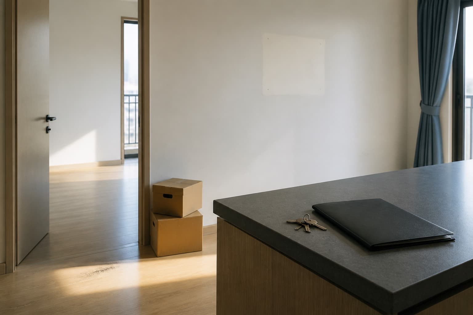 Keys and a blank inspection folder on a counter in an empty apartment with moving boxes near the doorway