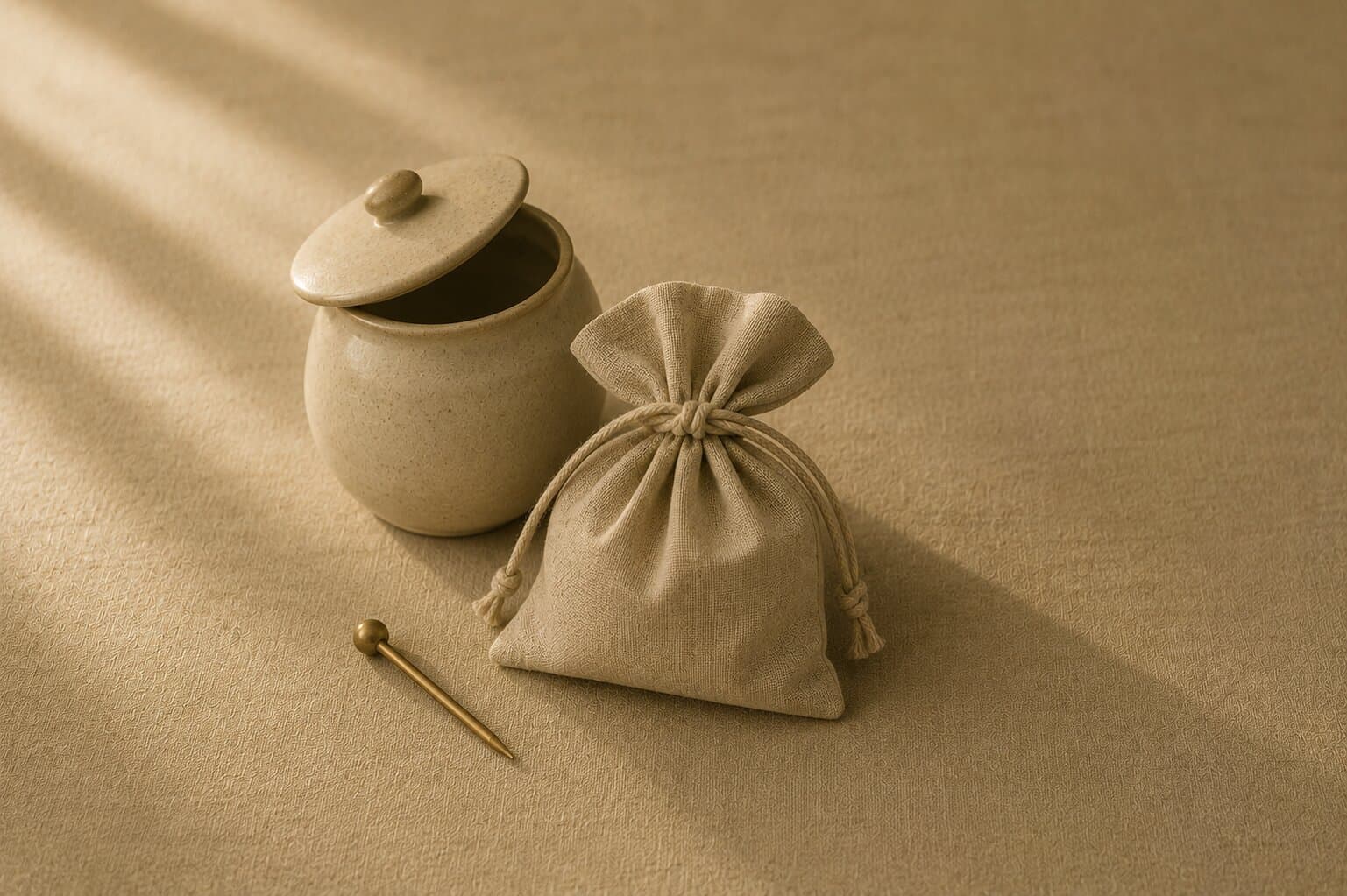 A lidded ceramic jar beside a tied linen pouch and brass pin on a muted flax surface