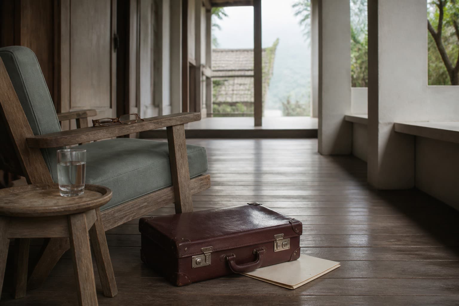 An oxblood travel case and cream folder beside an empty teak chair with reading glasses on a quiet veranda
