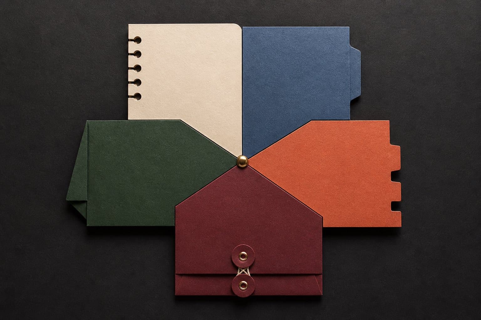 Five interlocking blank document forms in cream, blue, green, terracotta, and oxblood meeting at a brass registration point