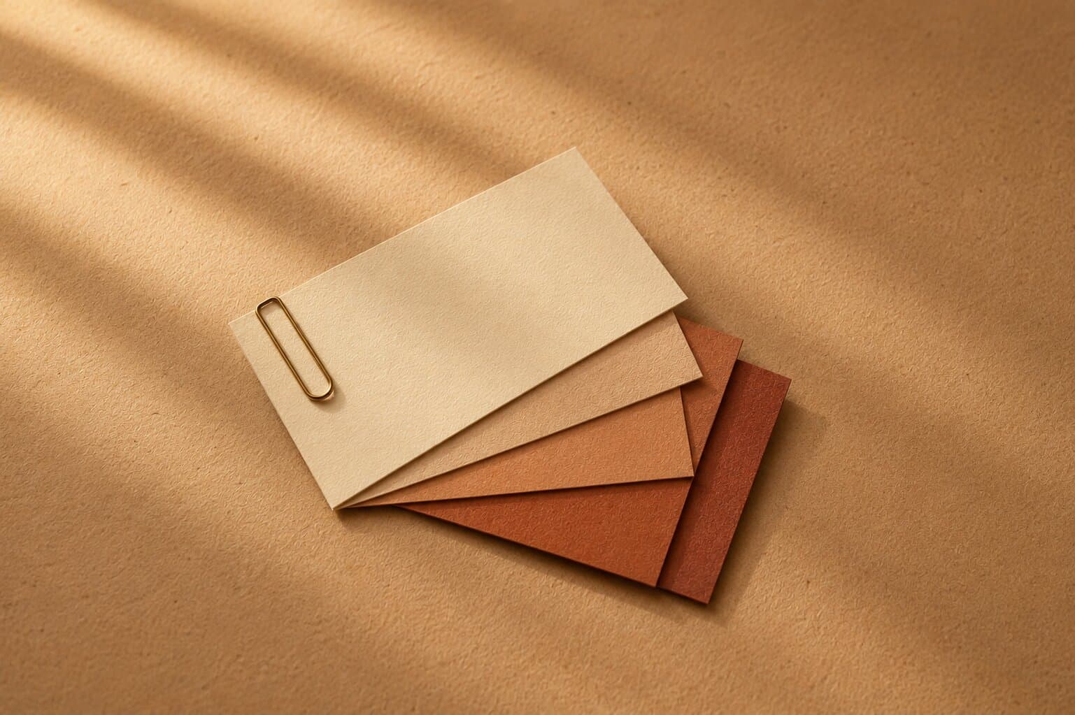 Five overlapping index cards in cream and terracotta tones held by a brass paperclip on warm paper
