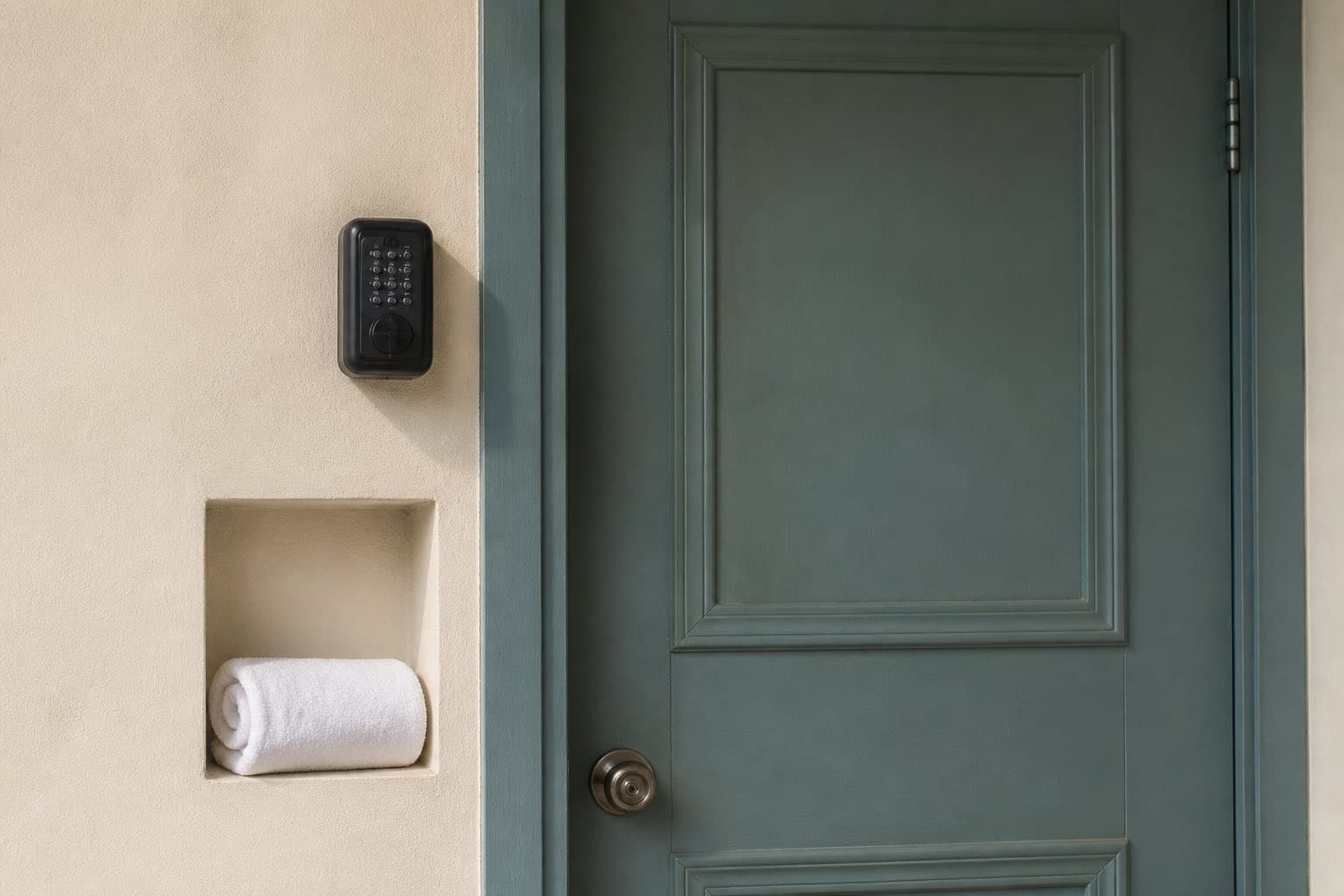 A charcoal key lockbox mounted beside a muted-teal apartment door above a rolled guest towel