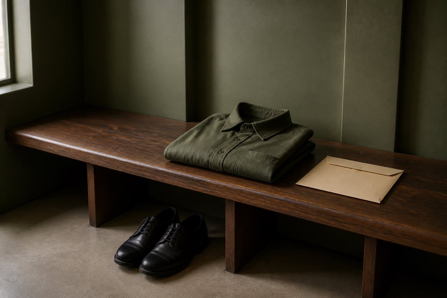 A folded olive shirt and sealed envelope on a wooden bench with black shoes below