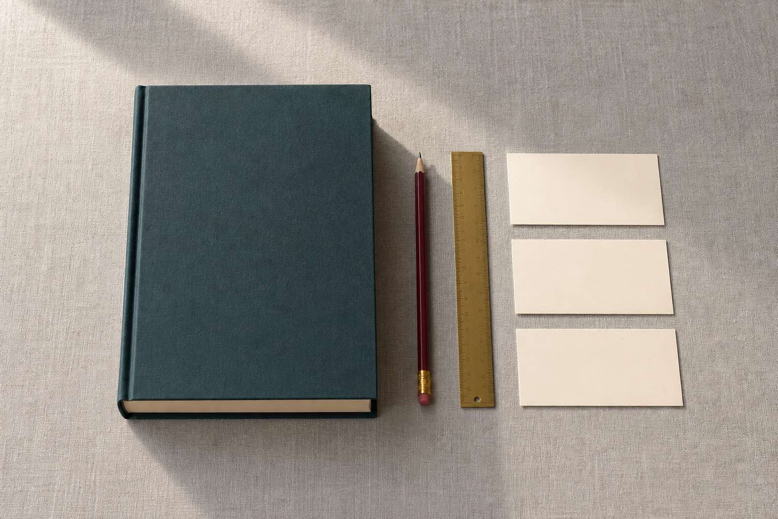 A closed teal clothbound accounting ledger beside an oxblood pencil, brass ruler, and three blank receipt slips