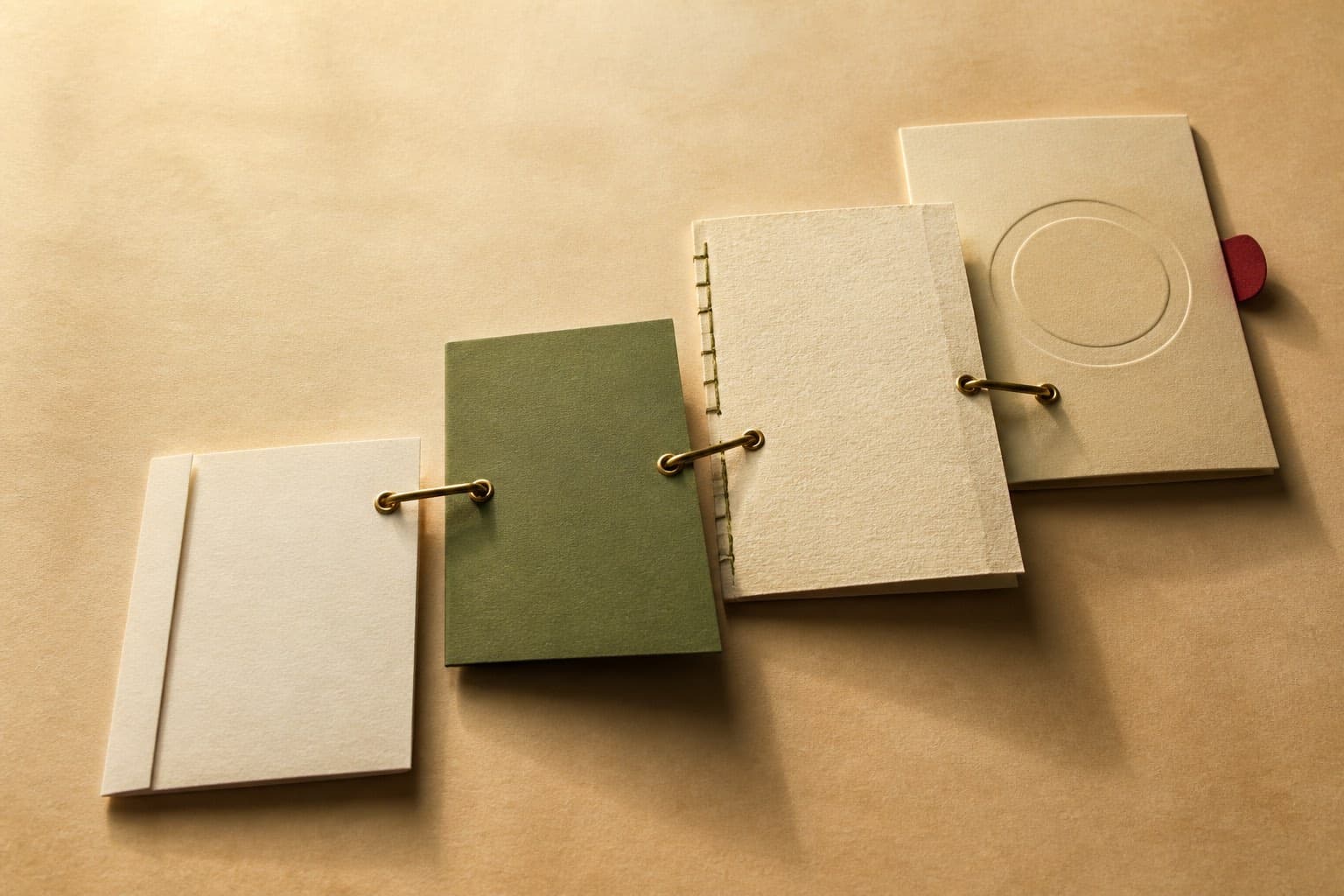 Four blank cream and green document panels linked in ascending stages by aged-brass rings
