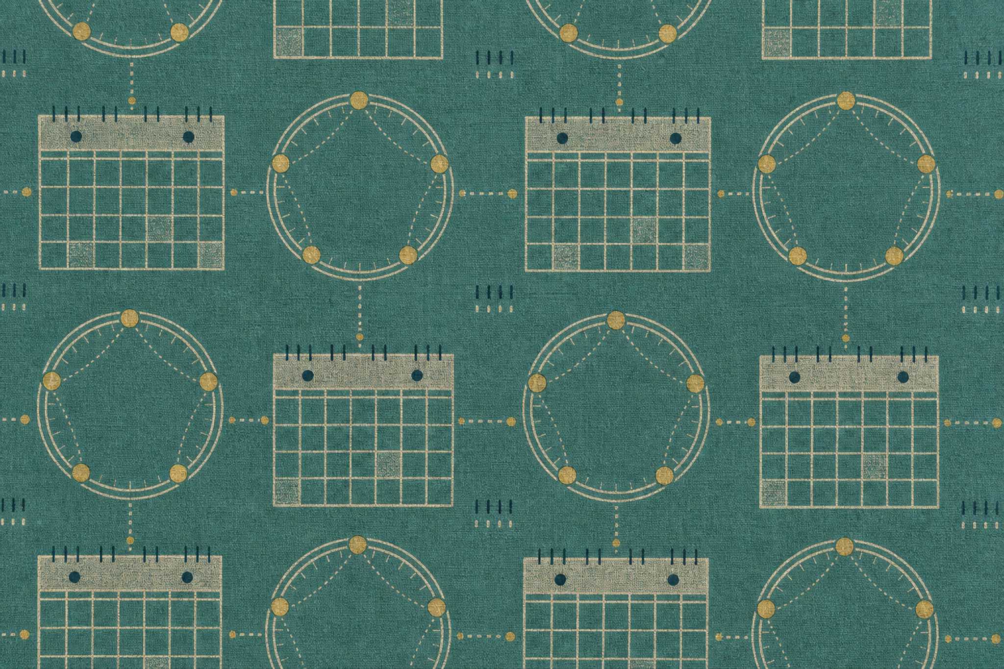 A full-frame teal screen-printed pattern of calendar grids and annual cycles connected by aged-gold deadline points