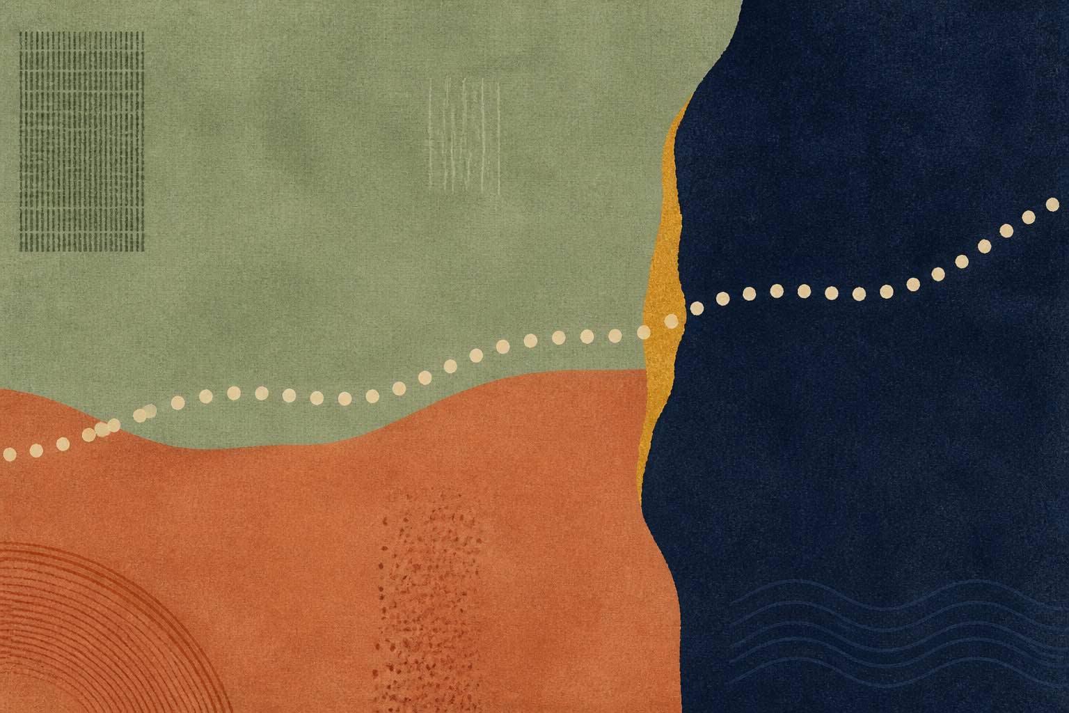 A dotted cream route crossing sage and terracotta fields through a gold threshold into navy