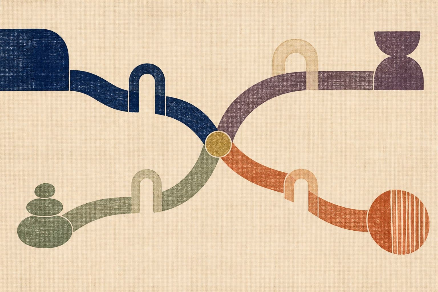 Four screen-printed pathways in navy, sage, terracotta, and aubergine meeting at a gold junction on woven cream cloth