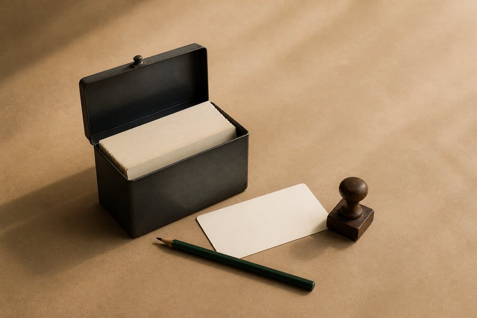 A charcoal index-card box with blank cream cards, a wooden stamp, and green pencil