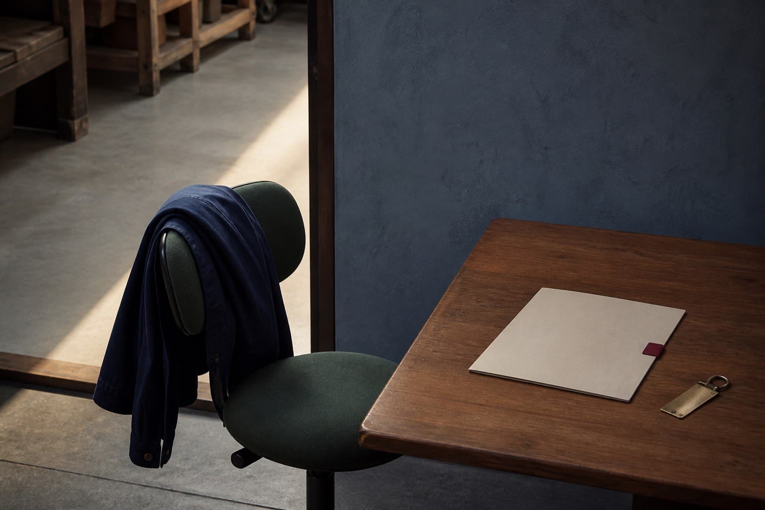 An empty green task chair with an indigo work jacket beside a blank permit folder and brass badge on a teak table
