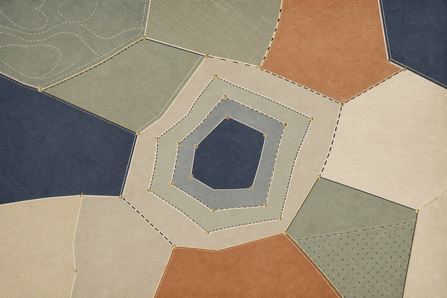 A screen-printed cadastral pattern of layered land parcels, boundary lines, and gold survey points