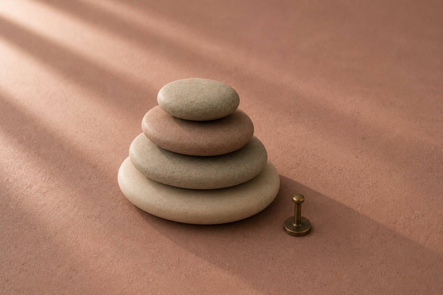 Four flat smooth stones stacked by size on a warm stone-rose surface in soft daylight