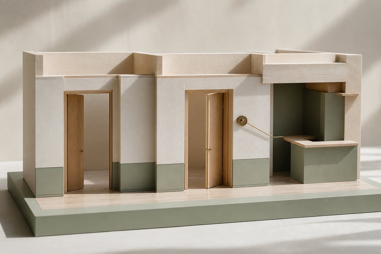 A handcrafted apartment model with two room doorways linked by a brass line to a reception window