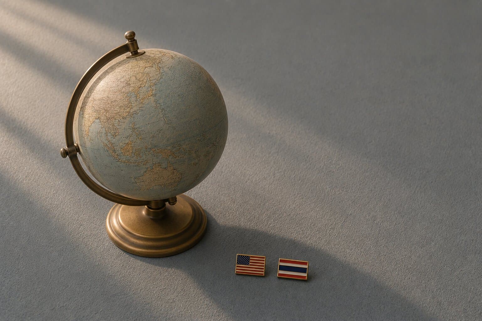 A vintage desk globe turned to Southeast Asia beside small United States and Thai flag pins on a muted slate-blue surface