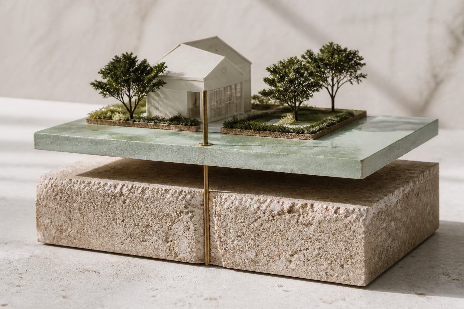 A house and garden model on a removable celadon use layer suspended above a permanent stone land base