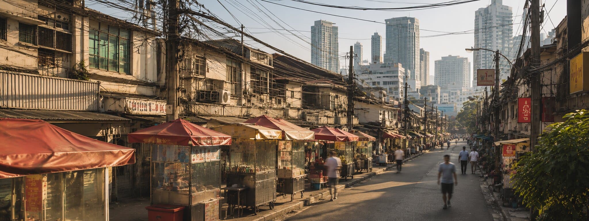 Editorial view of a Bangkok street at warm dusk