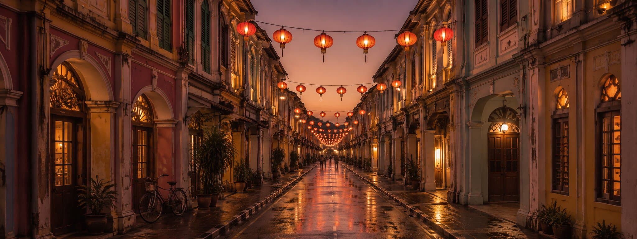 Editorial view of a Phuket Old Town street with pastel shophouses