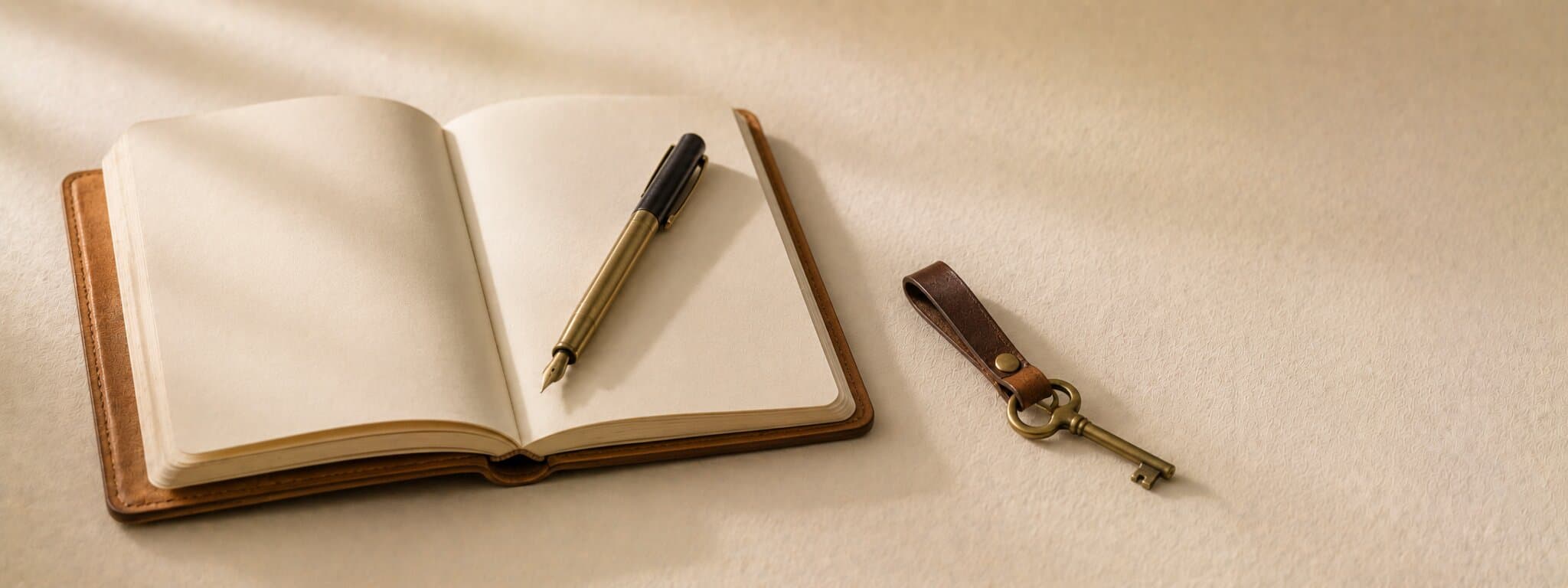 Editorial still life of an open notebook, fountain pen and key