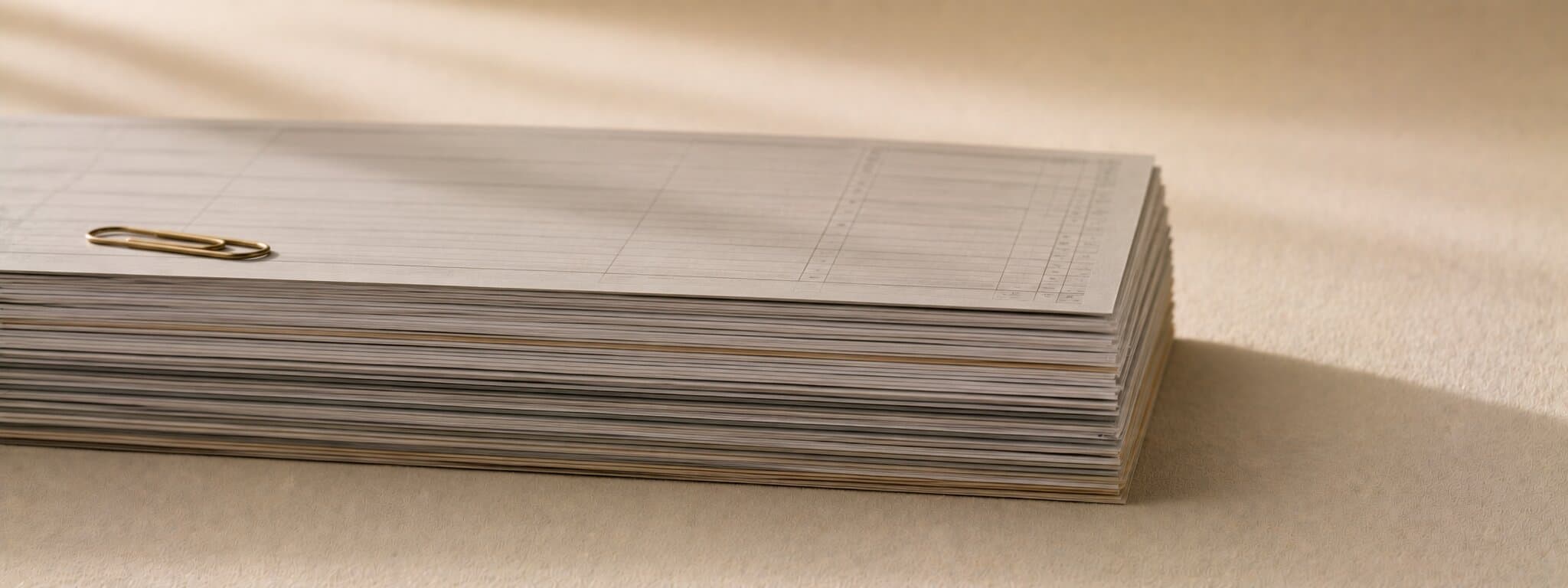 Editorial still life of a horizontal stack of ledger pages