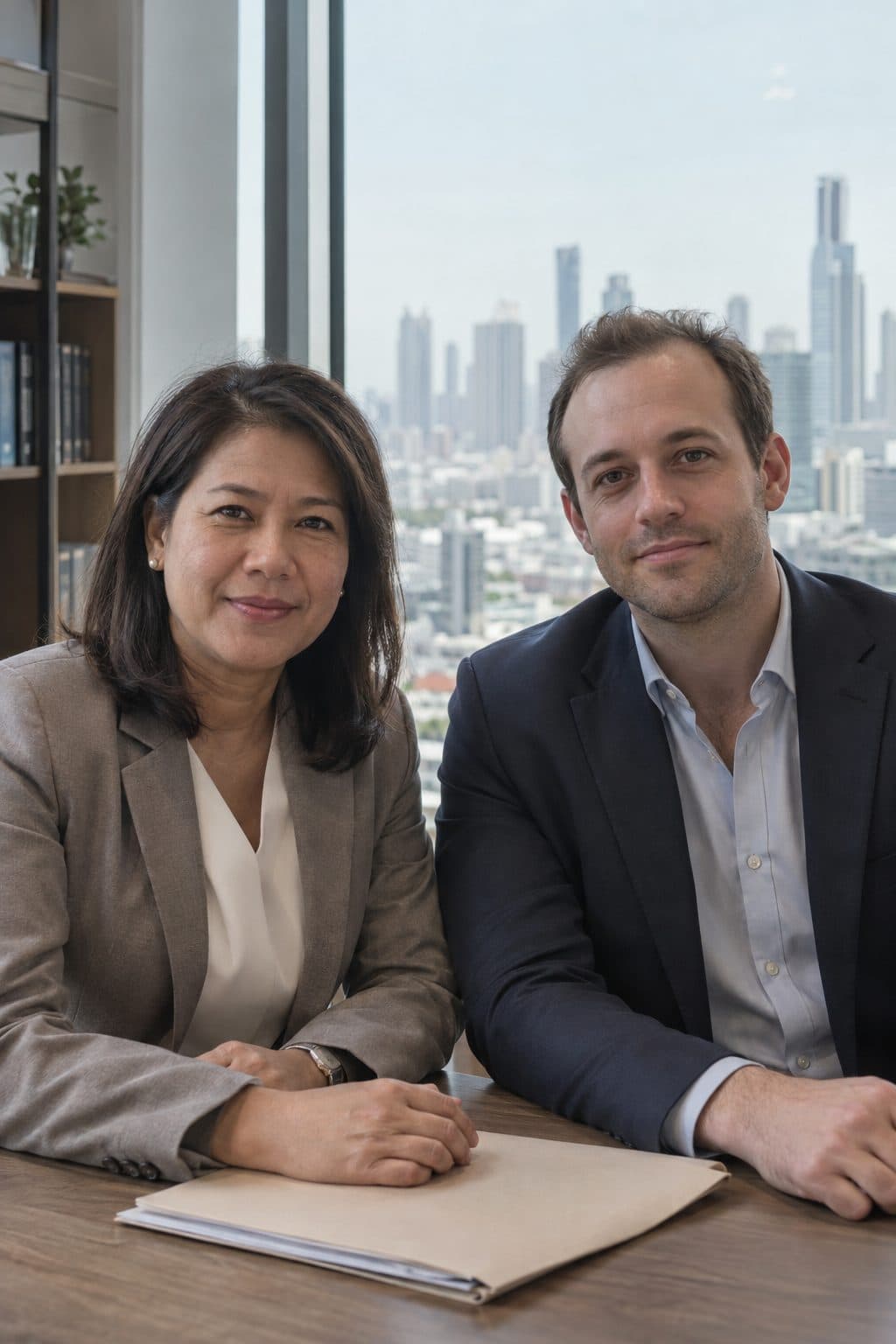 A Thai woman lawyer and her colleague in a Bangkok office